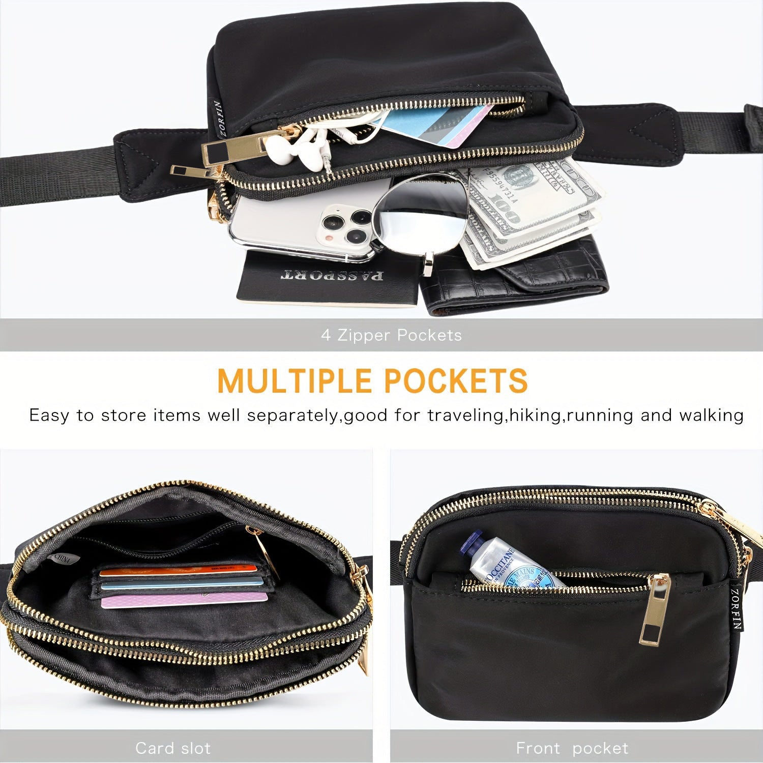 Sac banane multi-poches en nylon imperméable